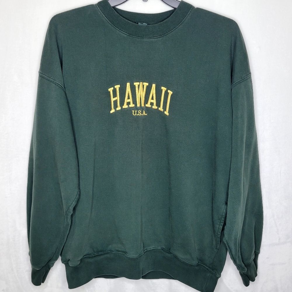 Brandy Melville Dark Green Crewneck Sweatshirt with Yellow "HAWAII"